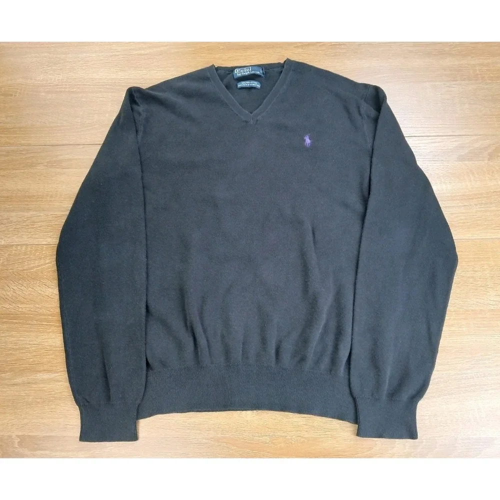 Polo Ralph Lauren Men Black Pima Cotton V-Neck Sweater Pullover Logo Size Medium
